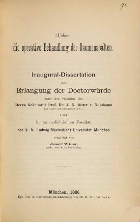 Über die operative Behandlung der Gaumenspalten : Inaug.-Dissert.
