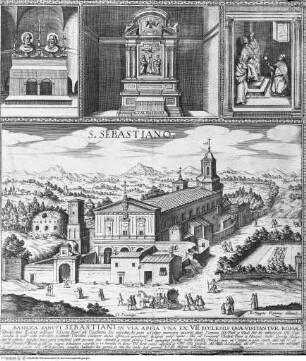 Stichserie zu den wichtigsten Kirchen Roms, San Sebastiano, Einzelansichten der Kirche und der wichtigsten Altäre