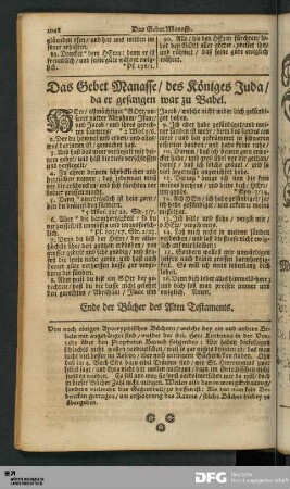 Das Gebet Manasse / des Königes Juda / da er gefangen war zu Babel.