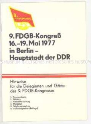 Informations-Broschüre für Teilnehmer des 9. FDGB-Kongresses
