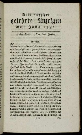 54stes Stück. Den 6ten Julius.