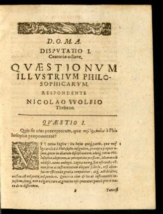 Disputatio I. Respondente Nicolao Wolfio