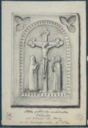 Darstellung eines beschädigten gotischen Kruzifix, ursprünglich befindlich an den Außenmauern der alten Kirche in Döhlen (Freital)