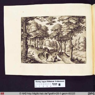 Juda und Thamar; Straße in einer bewaldeten Landschaft mit einem Fluss.