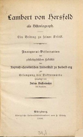 Lambert von Hersfeld als Historiograph : ein Beitrag zu seiner Kritik