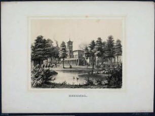 Herrenhaus des Rittergutes in Kreischa (auf den Grundmauern einer Wasserburg gebaut), südlich von Dresden, aus dem Album der Rittergüter und Schlösser im Königreiche Sachsen
