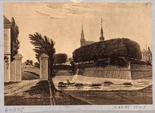 Blatt 7 von "Dresdens Festungswerke im Jahre 1811"vor der Demolierung: Die Bastion Luna von der Ostraallee an der Ecke zu den Stallungen nach Osten gesehen, dahinter die Altstadt
