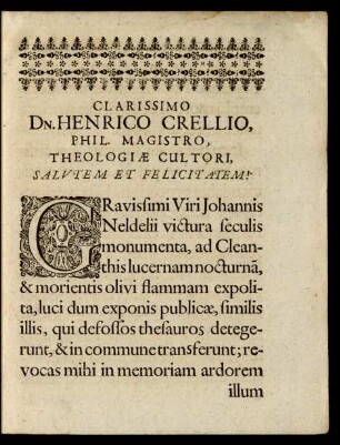 Clarissimo Dn. Henrico Crellio, Phil. Magistro, Theologiae Cultori, Salutem Et Felicitatem.