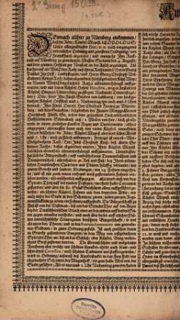 Kurtze Relation und Entwurff der Römisch Kayserlichen Mayestät Leopoldi zu Nürnberg gehaltenen Einzugs, geschehen den 6. (16.) Augusti Im Jahr Christi 1658