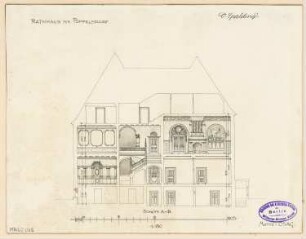Rathaus, Bonn-Poppelsdorf Monatskonkurrenz Juli 1894: Längsschnitt 1:150; Maßstabsleiste