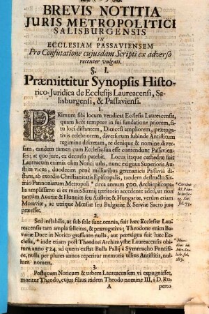 Brevis Notitia Juris Metropolitici Salisburgensis In Ecclesiam Passaviensem Pro Confutatione cujusdam Scripti ex adverso recenter vulgati