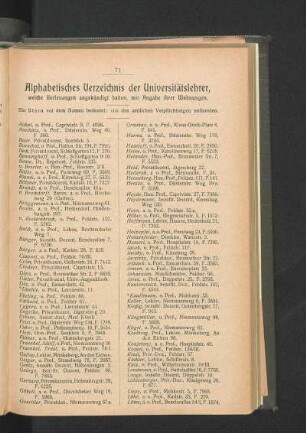 Alphabetisches Verzeichnis der Universitätslehrer, welche Vorlesungen angekündigt haben, mit Angabe ihrer Wohnungen.