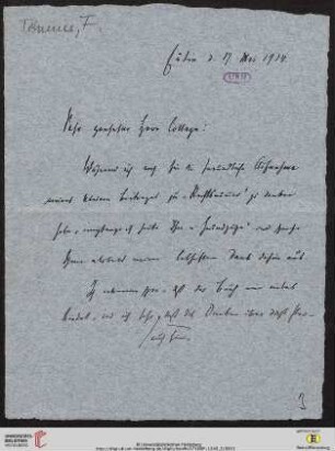 Brief von Ferdinand Tönnies an Gustav Radbruch