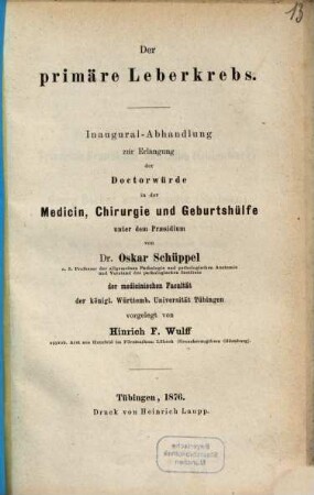 Der primäre Leberkrebs : Inaug.-Diss.