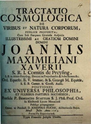 Tractatio Cosmologica De Viribus Et Natura Corporum, 1