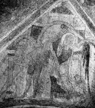 Adam und Evas Vertreibung aus dem Paradies : Adam und Evas Vertreibung aus dem Paradies. Freskomalerei (1286/1300). Matrei in Osttirol, Filialkirche Sankt Nikolaus