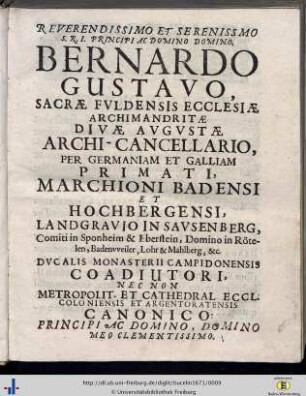 Reverendissimo et serenissimo… domino Bernardo Gustavo…