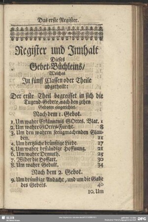 Register und Innhalt Dieses Gebet-Büchleins, Welches In fünff Classen oder Theile abgetheilt
