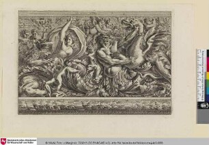 [Fries mit Frau und Mann in einem Kampf mit einem Löwen und Drachen; Frise avec, à gauche, un homme se battant contre un griffon]