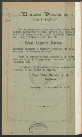El nuevo Director de "Dios y Patria"