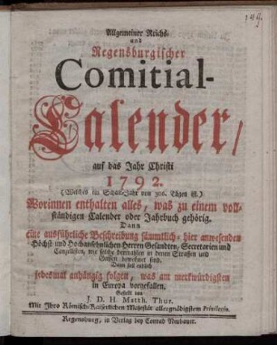 1792: Allgemeiner Reichs- und Regensburgischer Comitial-Calender, auf das Jahr Christi 1792