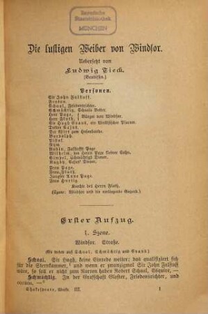 Sämtliche dramatische Werke : In neu rev. Uebers. v. [August Wilhelm] Schlegel u. [Ludwig] Tieck, 3
