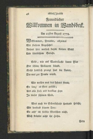 Freundlicher Willkommen in Wandsbeck. [u. a.]