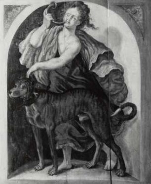 Gefährtin der Diana mit Jagdhund (Johann Georgs I.) : Schiebling, Christian (zugeschr.), Wiebel, Centurio (zugeschr.): Gefährtin der Diana mit Jagdhund (von Johann Georg I.). Malerei auf Holz, fast lebensgroß. Radebeul, Berg- und Lusthaus Hoflößnitz, Wohnraum des Kurfürsten