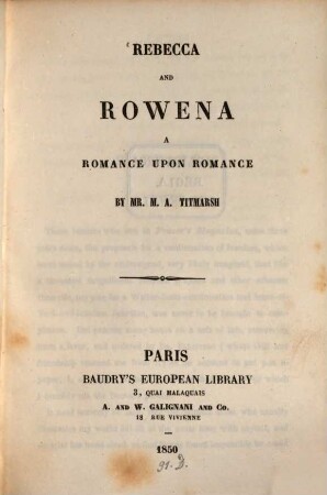 Rebecca and Rowena a Romance upon Romance