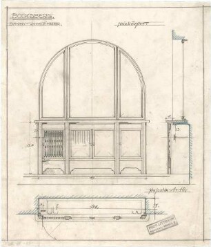 Littmann, Max; Bocksberg; Hofgut, Landhaus - Möbel im Damen - Wohnzimmer (Grundriss, Ansicht, Schnitt)