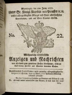 No. 22. Montags, den 2ten Juny 1777.
