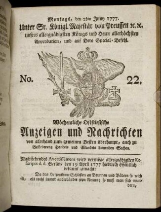 No. 22. Montags, den 2ten Juny 1777.