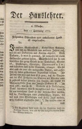 6. Woche, d. 11. Hornung 1775