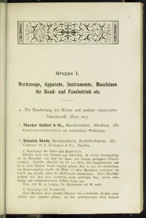 Gruppe I. Werkzeuge, Apparate, Instrumente, Maschinen für Hand- und Fussbetrieb etc.