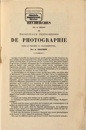 Recherches sur la théorie des principaux phénomènes de photographie dans le procédé du daguerréotype : Mémoire lu par l'auteur le 14 Spt. 1849 dans le comité de chimie de l'Association britannique, réunie à Birmingham