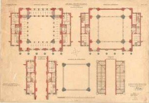 Mellinger, Ludwig von; München; Armeemuseum - Neubau, Mittelbau, Trägeranlage (Grundriss 1. OG, Grundriss 2. OG), Zwischengeschoss u. Seitenbauten (Grundriss), Verankerung der Kuppelgurtbögen (Grundriss), Sparrenlage der Seitenbaudächer (Grundriss)
