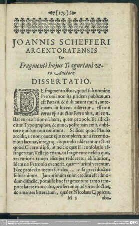 Joannis Schefferi Argentoratensis De Fragmenti hujus Traguriani vero Auctore Dissertatio