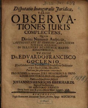 Disputatio Inauguralis Juridica, Varias Observationes Juris Complectens