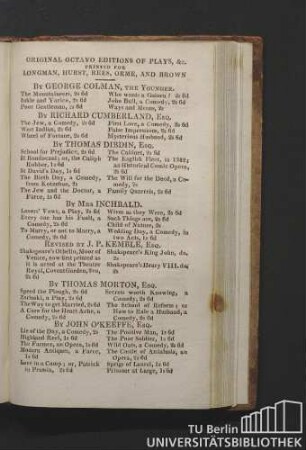 Original octavo editions of plays, &c. printed for Longman, Hurst, Rees, Orme, and Brown.
