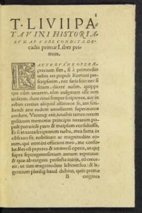 T. Livii Patavini Historiarum Ab Urbe Condita Decadis primae Liber primus.