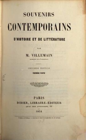 Souvenirs contemporaines d'histoire et de littérature, 1