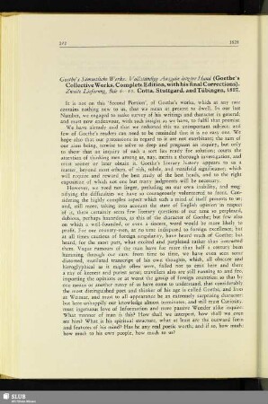Goethe's Sämmtliche Werke. Vollständige Ausgabe letzter Hand (Goethe's Collective Works, Complete Edition, with his final Corrections). Zweite Lieferung, Bde 6-10. Cotta, Stuttgard, and Tübingen, 1827 : [The Foreign Review, and Continental Miscellany. London, Volume II. No. 3, 1828]