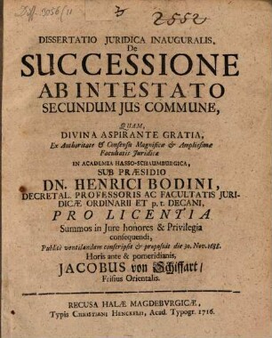 Diss. iur. inaug. de successione ab intestato secundum ius commune