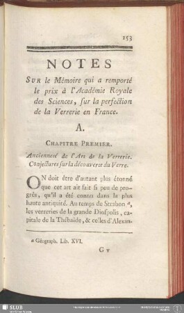 Notes Sur le Mémoire qui a remporté le prix à l'Académie Royale des Sciences, sur la perfection de la Verrerie en France