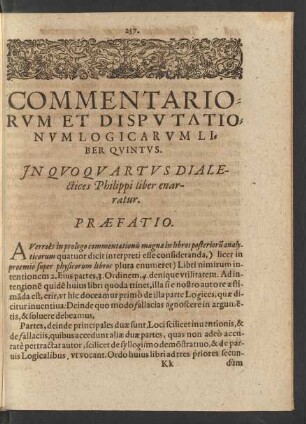 Commentariorum Et Disputationum Logicarum Liber Quintus. In Quo Quartus Dialectices Philippi liber enarratur.
