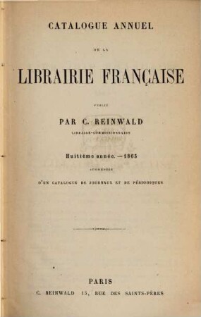 Catalogue annuel de la librairie française pour. 8
