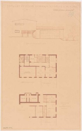 Gymnastikschule am See Monatskonkurrenz Dezember 1932: Grundriss Keller, Obergeschoss (in 2 Varianten), Aufriss Südwestansicht (Seitenansicht) 1:100
