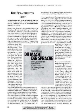 Die Sprachkritik lebt. Rezension von: Jürgen Schiewe: Die Macht der Sprache. Eine Geschichte der Sprachkritik von der Antike bis zur Gegenwart [Rezension]