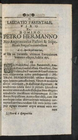II. Laudatio Parentalis ... Domino Petro Hermanno ...