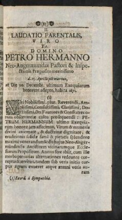 II. Laudatio Parentalis ... Domino Petro Hermanno ...